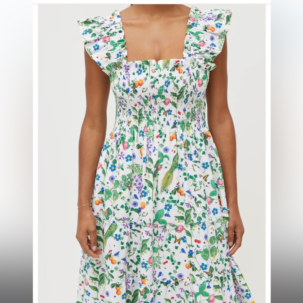 Hill House White Floral Ruffled Smocked Midi Dress